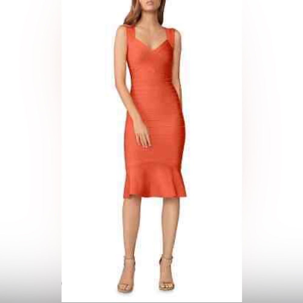 Herve Leger  OPC8283705-611 Sweatheart Flare Dress SZ XL ($850) Deep Sea Coral